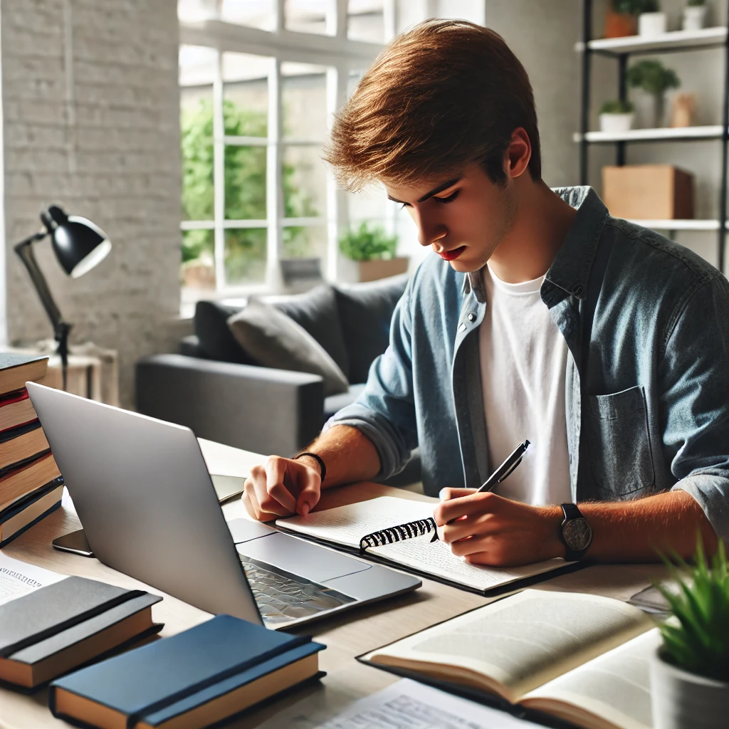 A student studying in front of a laptop with a notebook, representing online education and remote learning success.