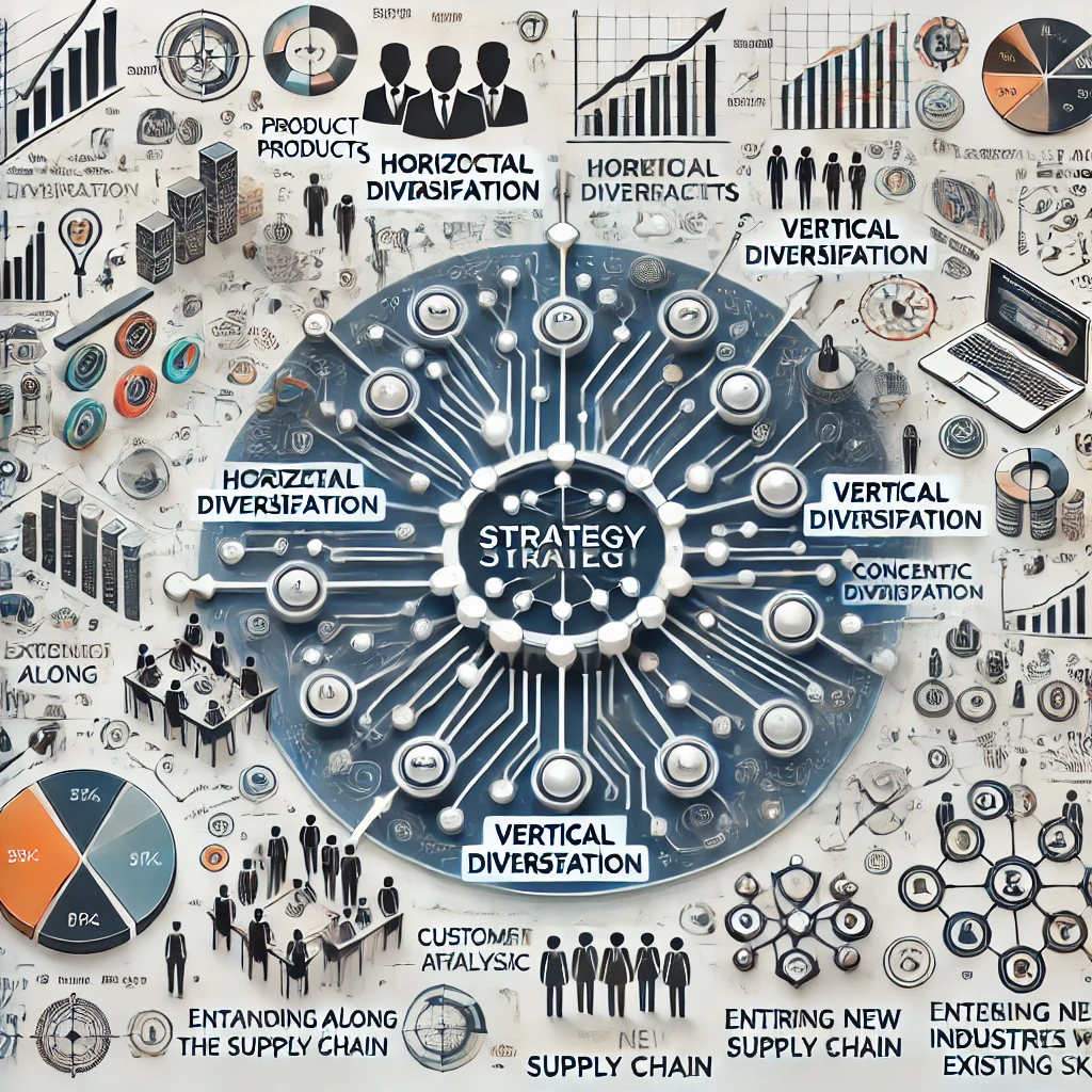 A dynamic product and service diversification strategy map for business growth.