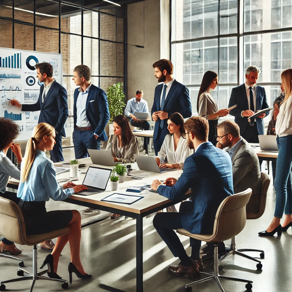 A business team collaborating in a modern office, highlighting teamwork and leadership dynamics.