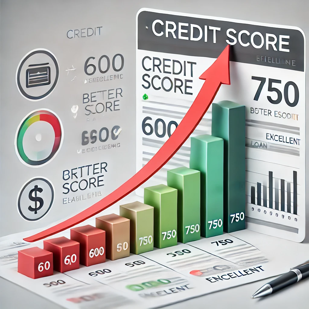 A financial report showing a rising credit score graph, symbolizing improvement and better loan eligibility