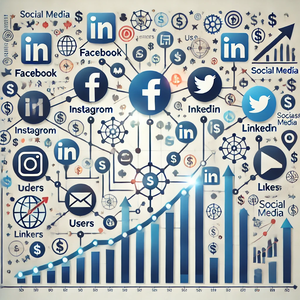 A graphic depicting various social media platforms connected by lines representing growth and engagement for business.