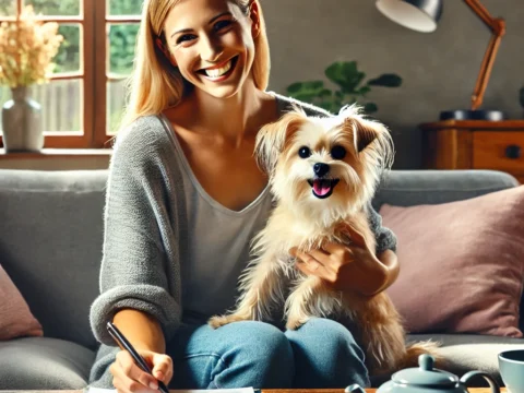 A happy pet owner holding a dog while reviewing a pet insurance policy.