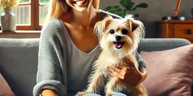 A happy pet owner holding a dog while reviewing a pet insurance policy.