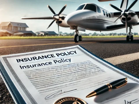 A private airplane with a document labeled "Insurance Policy" symbolizing the topic of airplane insurance