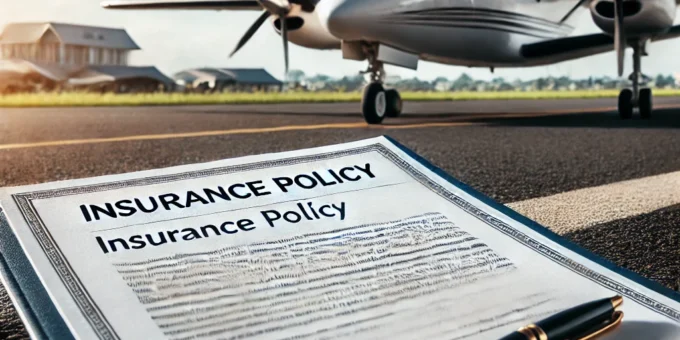 A private airplane with a document labeled "Insurance Policy" symbolizing the topic of airplane insurance