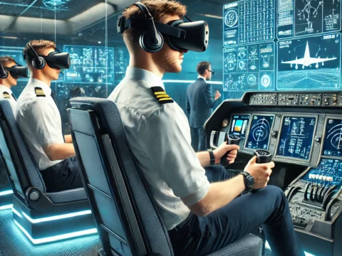 Pilots using virtual reality for advanced training in aviation simulators.