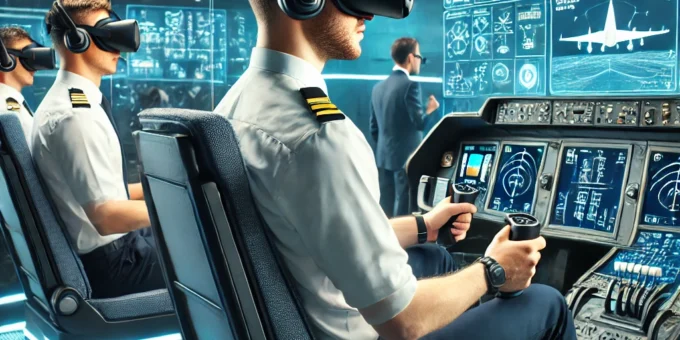 Pilots using virtual reality for advanced training in aviation simulators.